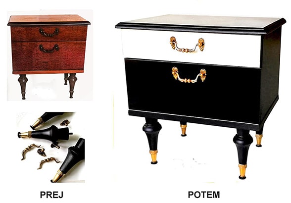 Iz rjave se je omarica prelevila v črno- belo, medeninasto okrasje pa zaokroži novo svežo podobo.