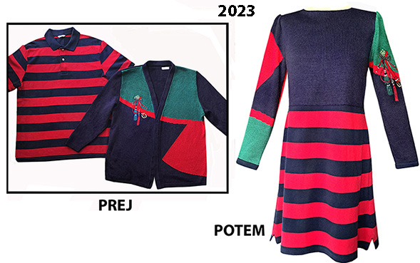 Iz moške majčke in ženske jopice je sestavljena črtasto-vzorčasta obleka